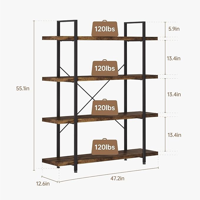 Bookshelf Set, Heavy Duty 4-Tier Industrial Bookcase, 47" Wide Wood Bookshelf for Home Office, 120lbs Shelf Capacity, Rustic Open Display with Horizontal Shelf for Living Room Bedroom