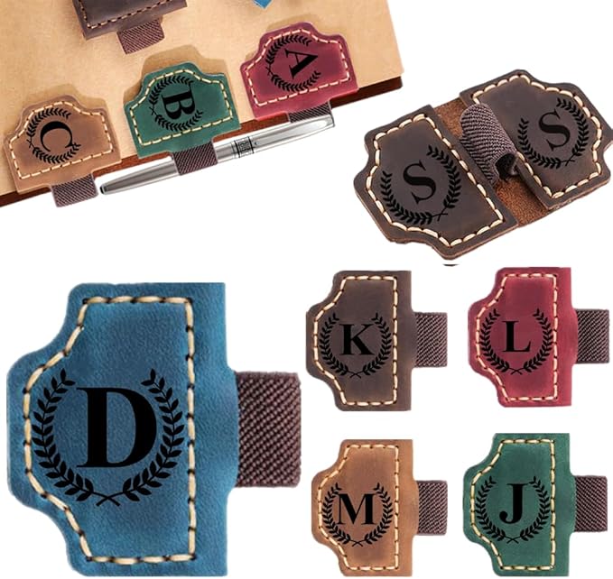 Custom Bookmark with Pen Holder with 26 Letters Personalized Magnetic Leather Book Mark, Customized Name Book Marker Clip with Initial for Men Women, Gifts for Book Lovers, Readers, (Blue, D)