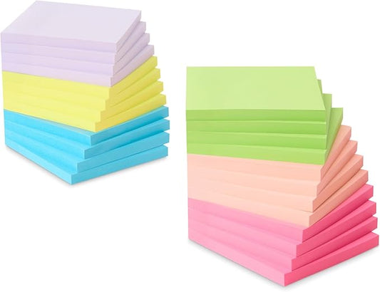 Amazon Basics Square Sticky Plus Notes, Self-Stick Pads, Pack of 24, 3 x 3 inches, Assorted Colors