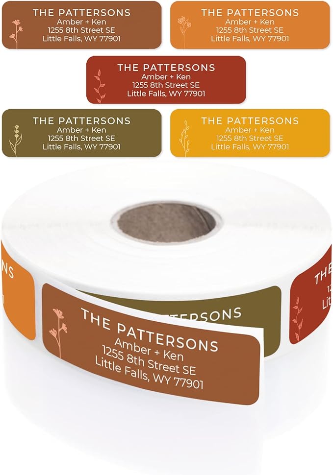 Botanical Flowers Rolled Address Labels/Roll of 500 Alternating Earth Tone Floral Illustrations Personalized Address Labels/Designer Return Address Stickers in Elegant Plastic Dispenser