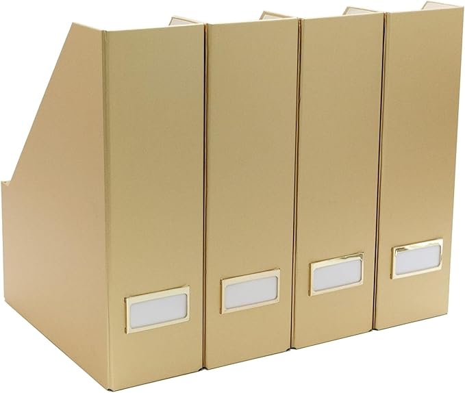 BLU MONACO Gold Magazine File Holder Set of 4 – Stylish Desk Organizer for Home & Office - Elegant Supplies, Bookends & Durable File Holders for a Gold Office Decor