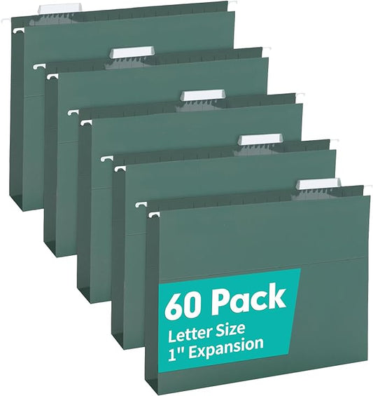 HERKKA Extra Capacity Hanging File Folders, 60 Pack Reinforced Letter Size Hanging Folders with Heavy Duty 1 Inch Expansion, Designed for Bulky Files, Medical Charts, Green