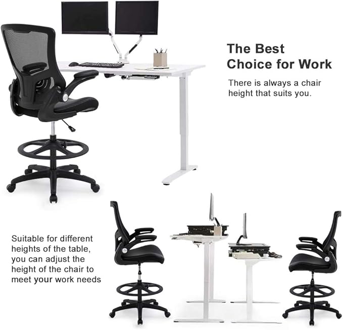 Drafting Chair Ergonomic Tall Office Chair Standing Desk Chair with Flip Up Arms Foot Rest Back Support Adjustable Height Mesh Drafting Stool, Black