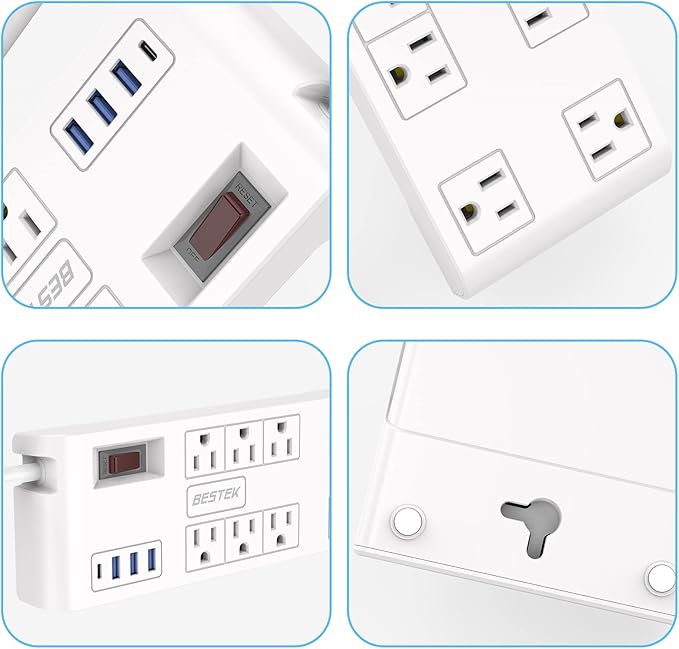BESTEK 8 AC Outlet, 12 Feet Extension Cord Power Strip with 3 USB-A 2.4A 1USB-C 3A, MAX Output 1625W 13A, 600Joule, Ultra-Compact Wide Spaced Outlet for Large Plug