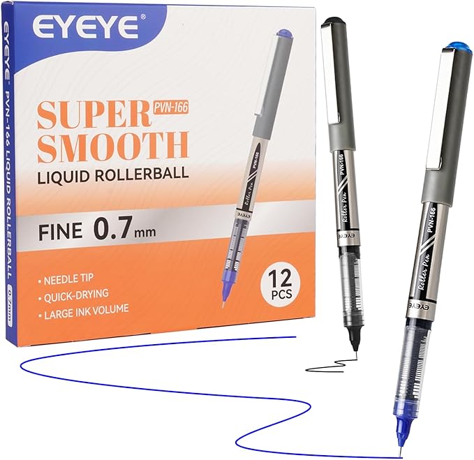 EYEYE 0.7mm Rollerball Pens Medium Needle Point, 6 Black 6 Blue Roller Ball Pen Quick Dry, Liquid Ink Pens Fine Point Smooth Writing Pen for Journaling, Note Taking, Office, School Supplies
