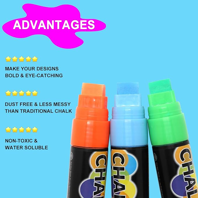 12 Colors Washable Window Markers for Cars, 15mm Jumbo Liquid Chalk Markers, 3 in 1 Nib, Metallic & Neon Paint Glass Pen for Auto, Chalkboard, Blackboard, Bistro, Menus and Any Non-Porous Surface