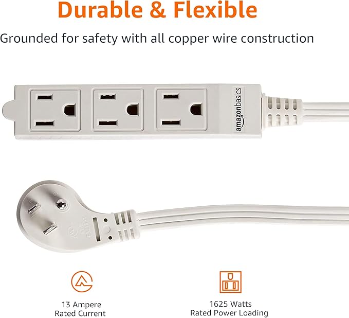 Amazon Basics 3-Prong Indoor Rectangle Extension Cord Power Strip, Flat Plug, Grounded 13 Amps, 1625 Watts, 125 VAC, 2-Pack, 3 ft, White