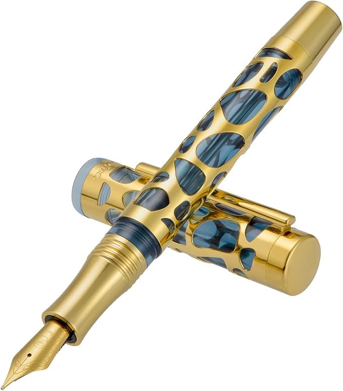 Asvine V169 Vacuum Filling Fountain Pen Fine Nib, Water Drop Skeleton Gold Trim Transparent Gray Blue Acrylic Pen Case Set