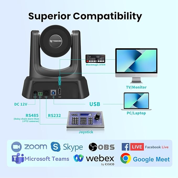 Conference Room PTZ Camera System 3X Optical Zoom USB3.0, HDMI 114° Wide Angle 1080P 60fps Camera Bundle with Bluetooth Microphones - Easy Setup for Church