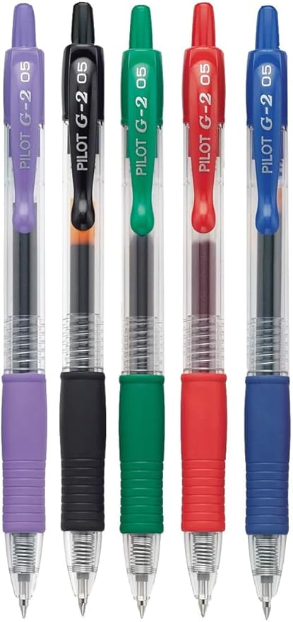 G2 Retractable Premium Gel Ink Roller Ball Pens Extra Fine Point (.5mm) Black/Blue/Red/Green/Purple Ink 5 pack; Refillable & Premium Comfort Grip Bundle with Plastic Reusable Pouch