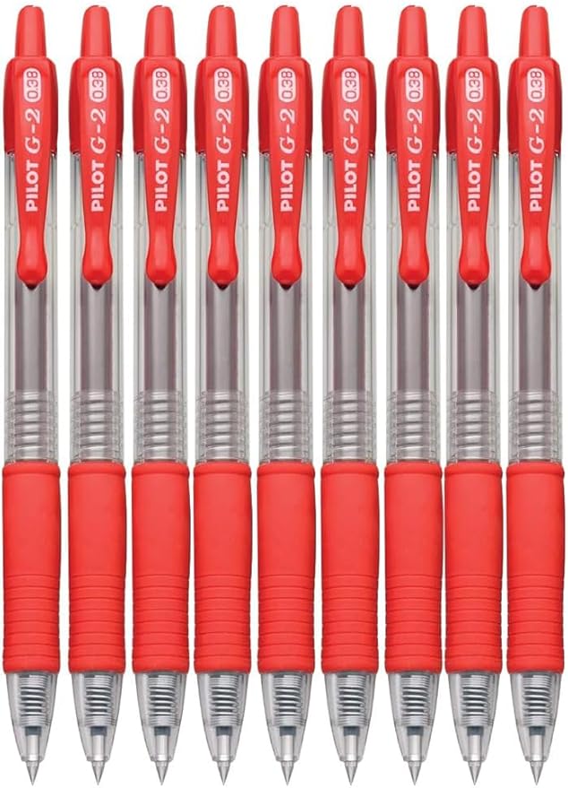 G2 Retractable Premium Gel Ink Roller Ball Pens Ultra Fine Point (.38mm) Red Ink 9 pack; Refillable & Premium Comfort Grip Bundle with Plastic Reusable Pouch