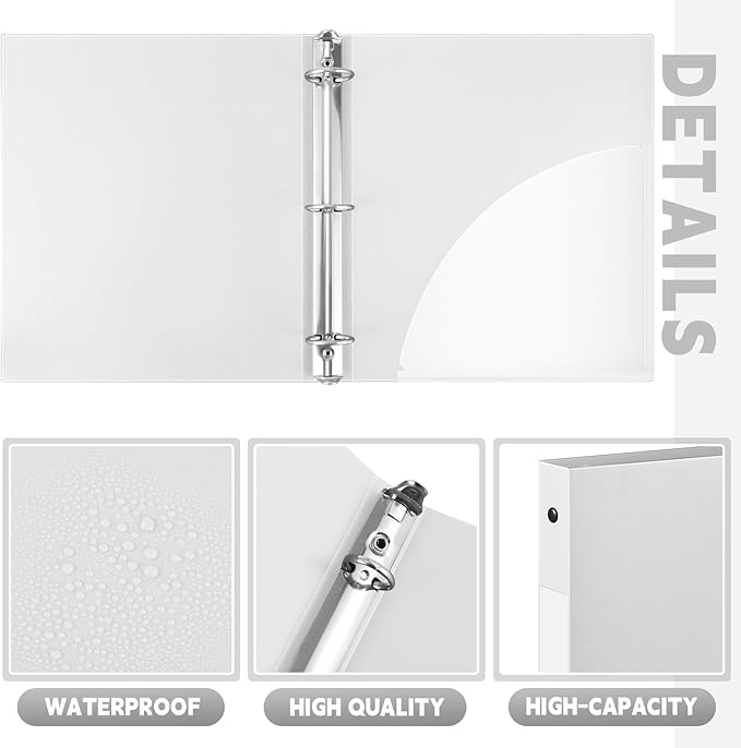 Henoyso 16 Pcs 3 Ring Binder 1/2'' Round Fits Letter Size 8. 5'' x 11'' Paper Plastic Flexible Binder Holds 100 Sheets with 1 Pockets Versatile Organizer for Office Home School (White)