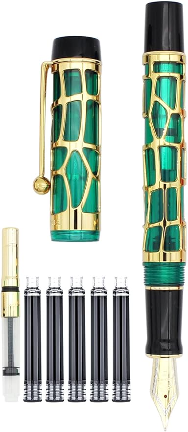 Gullor Century 100 Fountain Pen, Skeleton Hollow-out Series Golden, Screw-Cap, Fine Nib, Transparent Green