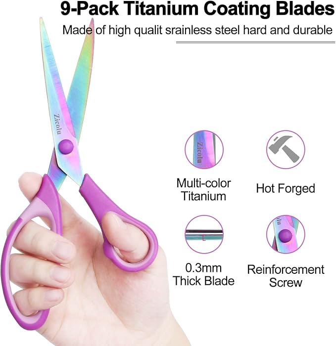 8.5" Scissors Bulk Set of 12-Pack, Sharp Scissors all Purpose Heavy Duty, Non-Stick and Titanium Coating Blade, Multipurpose Shears for Office Home School Sewing Fabric DIY Craft Supplies