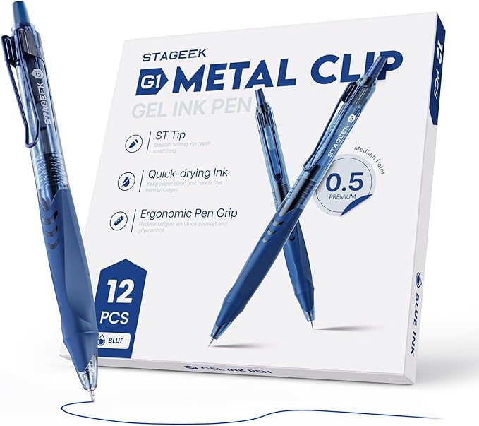 12 Pack Blue Gel Pens, Quick Dry Blue Ink Pen, 0.5mm Fine Point Retractable Smooth Writing Pens for Journaling, Writing, Business Gel Pen for Office School & Home Supplies(Blue)