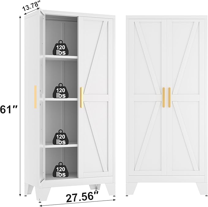 61H Metal Storage Cabinet with 2 Doors and 5 Shelves,Farmhouse Storage Cabinet with Barn Doors,Pantry Storage for Home,Office,Bathroom,Dining Room,Kitchen(White)