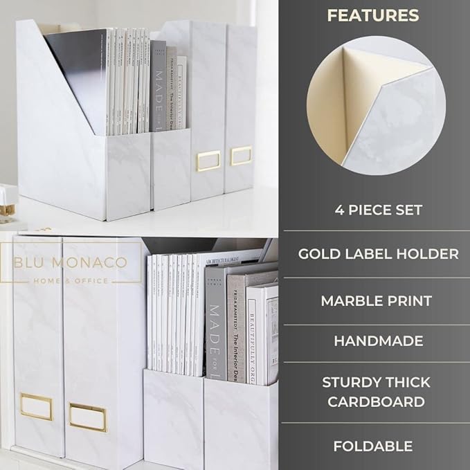 BLU MONACO Set of 4 Magazine Holders, White Marble Design with Gold Label Holders, File Holder for Desk, Magazine Storage for Home Office and Classroom
