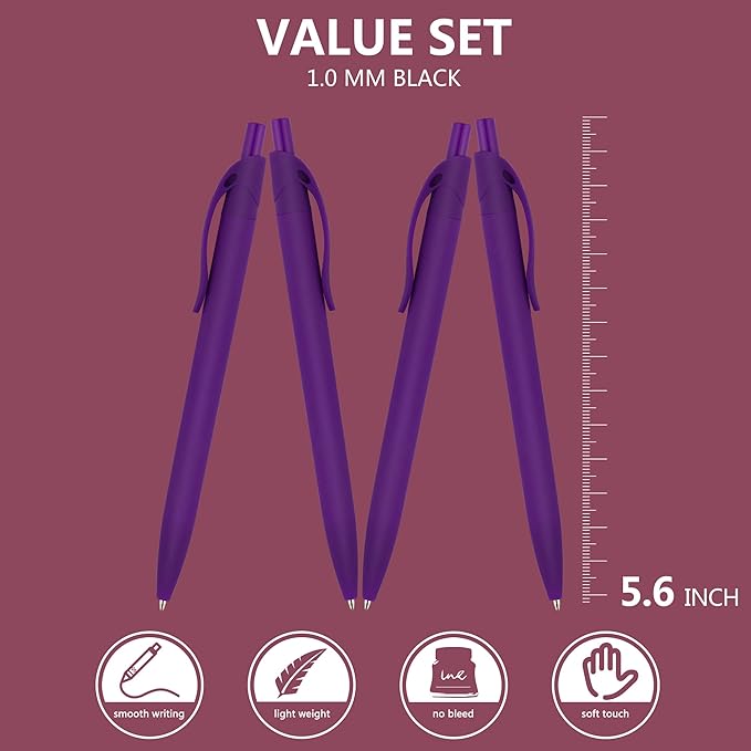 deegtran Pens Bulk, 100 Pack No Bleed Purple Barrel Click Pens, Wholesale Retractable Ballpoint Pens, Pens Medium Point, Smooth Ink Pens, 1.0MM Black Ink