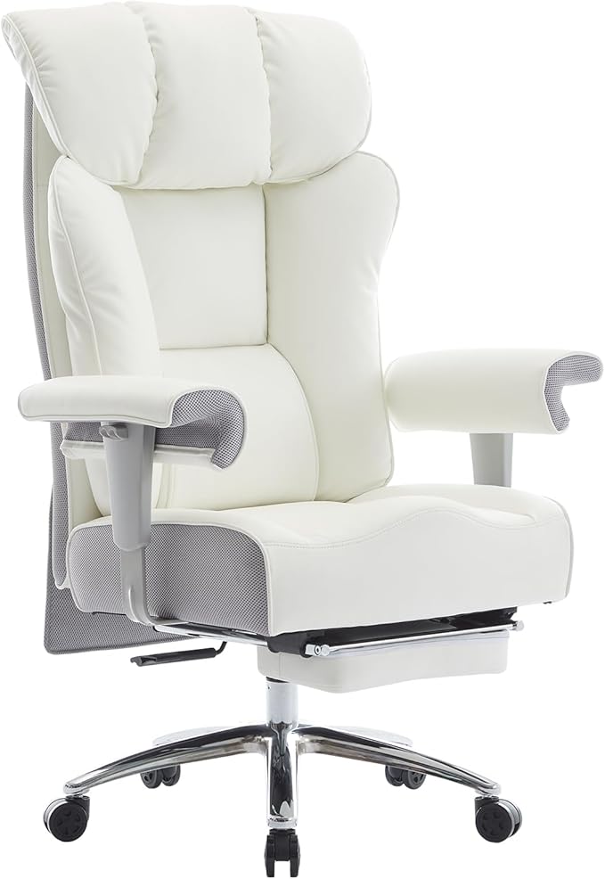 Efomao Big and Tall Office Chair 450LBS with Foot Rest, High Back PU Leather Executive Office Chair with Adjustable Padded Armrests, Lumbar Support for Home or Work, Heavy Duty Computer Chair, White