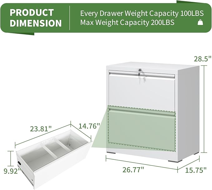2 Drawer Lateral File Cabinet, Metal Lateral Filing Cabinet for Home Office, Filing Cabinets for Letter/Legal/A4/F4 Hanging Files (White)