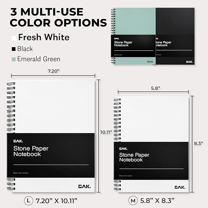 GAK. Stone Paper Waterproof Spiral Notebook, 7.20”x10.11”, 50 sheets, Durable Notebook, Eco-Friendly Mineral Stone Paper Notebook, Waterproof Notepad, Ruled, White