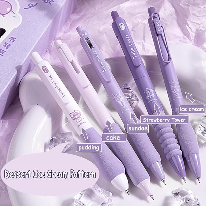 Cute Gel Pens 5Pcs Retractable Quick Dry Ink Pens 0.5mm Fine Point Black Ink Kawaii Smooth Writing Pens for School Office Supplies Aesthetic pretty pens (Purple ice cream)