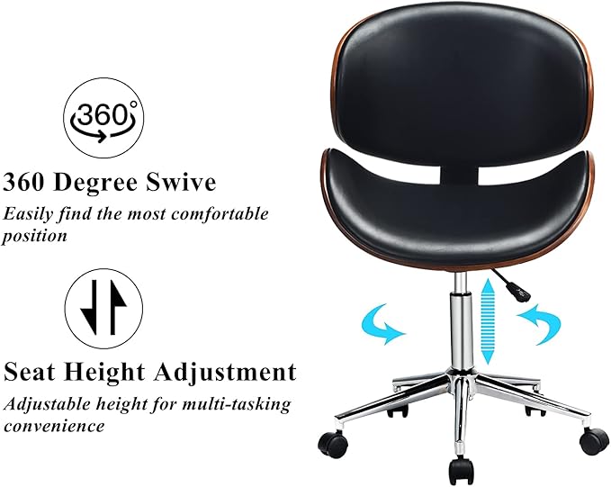 C-CHAIN Adjustable Modern Mid-Century Office Chair with Curved Seat/Back, Swivel Executive Chair, Rolling Computer Chair, Bent Wooden Accent Office Chair for Home and Office