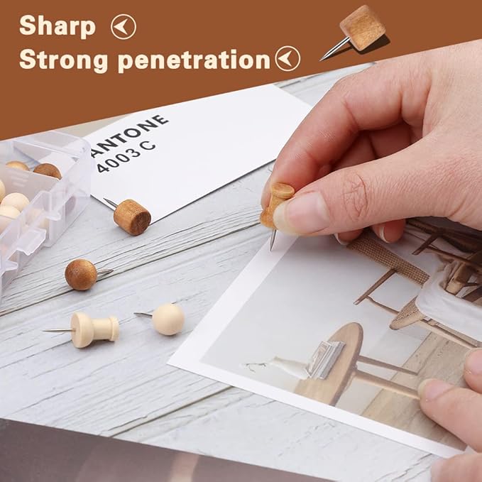 60 Pcs Wood Push Pins, 2 Colors and 5 Types Decorative Thumb Tacks Wooden Head Pin Map Tacks Marking Pin, Wood Thumb Tacks Decorative for Bulletin Boards Craft Projects with Storage Box