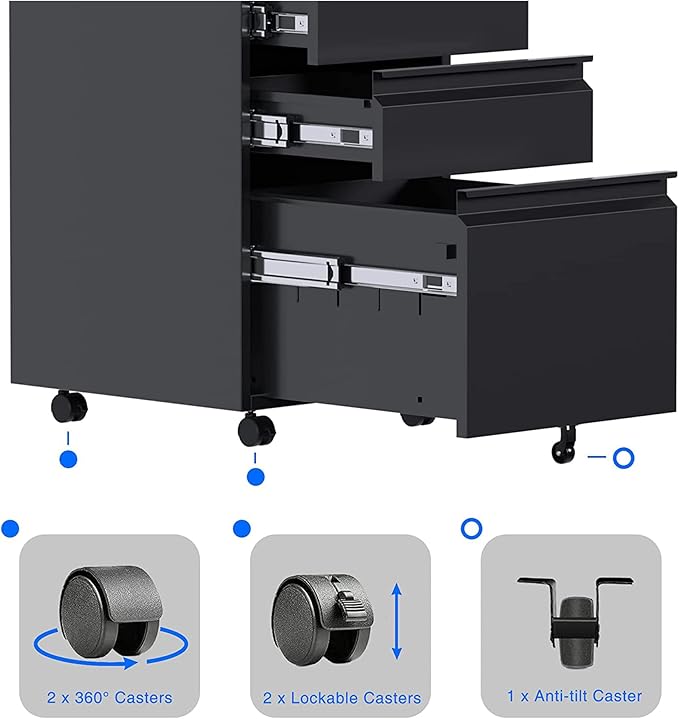 Aobabo 3 Drawer File Cabinet with Lock,Metal Filing Cabinet with Wheels for Home Office & Business Enterprise, Legal/Letter Size, Fully Assembled Except Wheels, Black