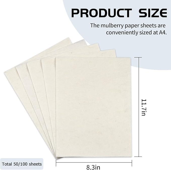 50/100 Sheets FIVEIZERO A4 Mulberry Paper Sheets Natural Fiber Rice Papers,8.3x11.7in Natural Decoupage Tissue Paper for Writing Painting, Decorative &Card Making Papers DIY Craft