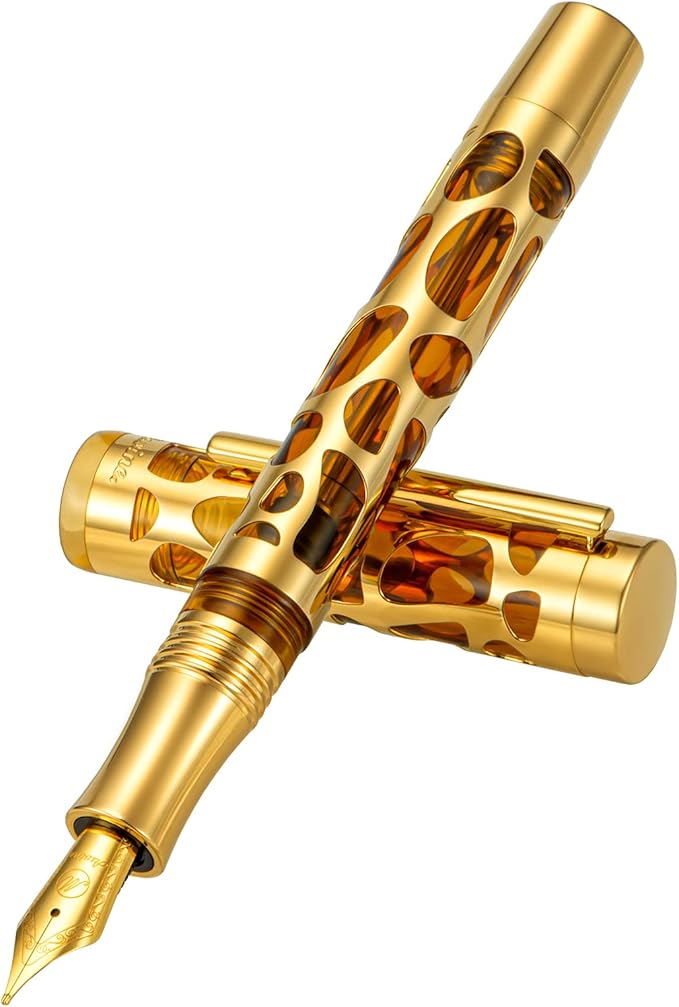 Asvine V169 Vacuum Filling Fountain Pen Iridium Fine Nib, Water Drop Skeleton Gold Trim Transparent Coffee Acrylic Pen Case Set