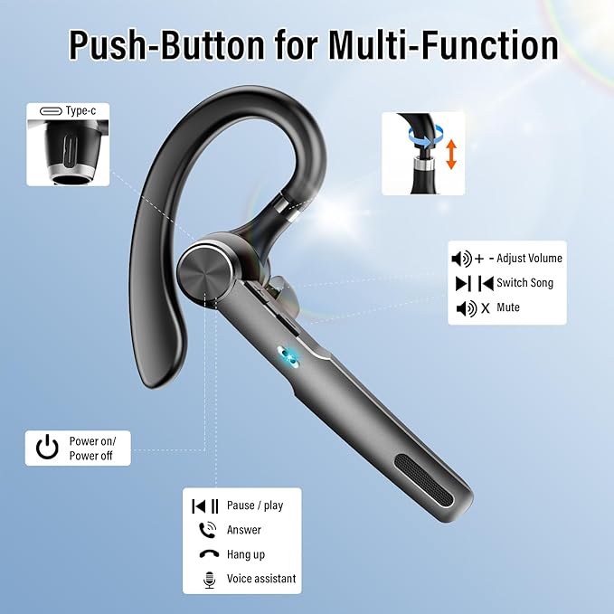 Bluetooth Headset, Wireless Headset with ENC Mic, 60H Talking Time Single-Ear Bluetooth Earpiece V5.3 with Large Charging Case, IP7 Waterproof Hand-Free Headphones for IOS Android Cellphones Black