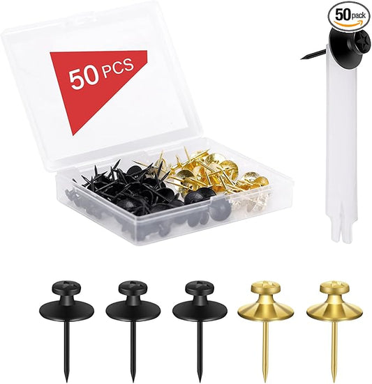 50 PCS Thumb Tacks for Wall Picture Hangers, Double Headed Picture Hanging Nails Kit, Push Pins Wall Hooks, Renter Friendly Decor Thumbtacks for Tapestry Frame Art Photos(Black &Gold)