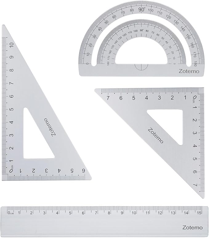 Geometry Ruler Set for Students, Metric Measurement 4-Piece Metal Math Drafting Kit with Non-Slip Design 15 cm Straightedge Ruler, 180° Protractor & 2 Triangles for School Kids (Silver)