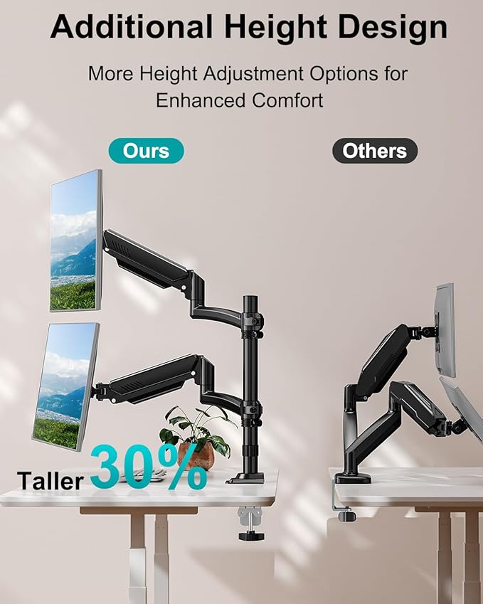 Dual Monitor Stand for Desk, Taller Monitor Arms for 2 Screens up to 32 inch, Ergonomic Adjustable Gas Spring Double Computer Monitor Mount, Holds 4.4-22lbs, VESA 75/100mm, Black, Freelift
