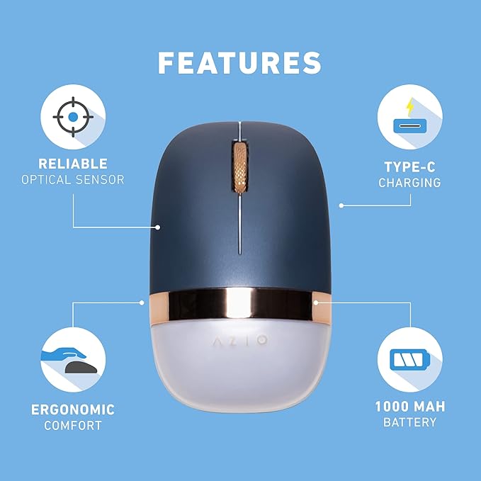 Azio IZO Wireless Optical Mouse - Bluetooth 3.0 & 5.0/2.4G RF-USB, Ambidextrous Design, PixArt PAW3212 Sensor, 1000/1600/2400 DPI, Rechargeable, PC & Mac