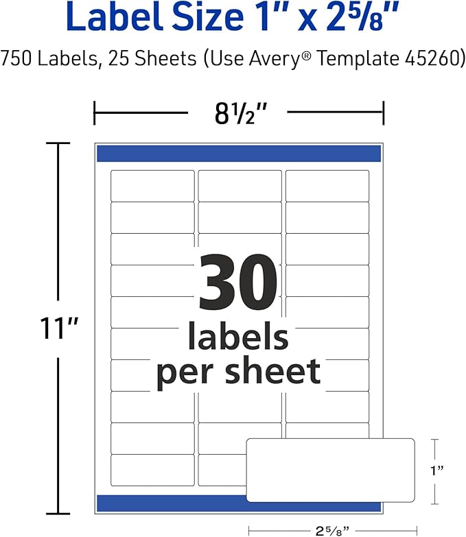Avery Easy Peel Printable Address Labels with Sure Feed, 1" x 2-5/8" Customizable Stickers, White, 1,500 Blank Mailing Labels, Great for Mailing, Shipping, and More (2-Pack of 5260)