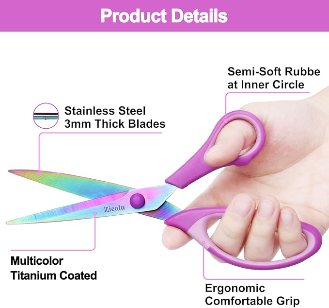 8.5" Scissors All Purpose, Multipurpose Office Scissors Set of 3 pack, Sharp Titanium Coating Blade and Soft Comfort-Grip Sturdy Scissors for Fabric School Craft Sewing Home, Right/Left Handed
