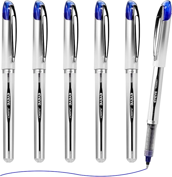 EYEYE Blue Rollerball Pens 0.7mm, 6 Pack Medium Point Roller Ball Pen Quick Dry, Liquid Ink Pen Fine Point Smooth Writing Pens for Journaling, Note Taking, Office, School Supplies