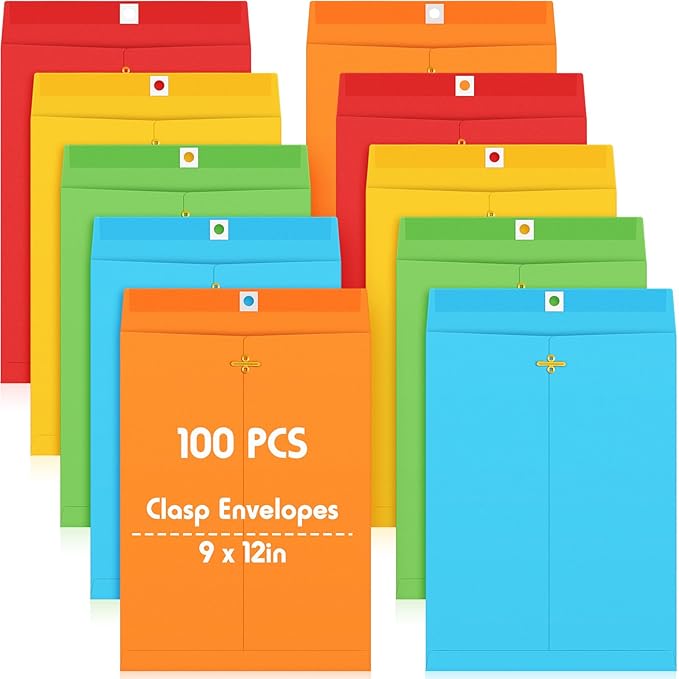 Geyee 100 Pcs Clasp Manilla Envelopes 9 x 12 Inch Gummed Colored Envelopes for Storing or Mailing for Home Office Business Supplies(Multicolor)