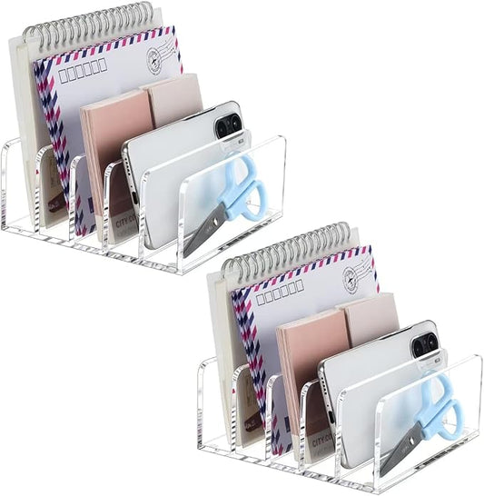 BEYGORM 2 Pack Acrylic Mail Holder, Clear Desk Organizer with Divider, Vertical Letter Sorter for Desktop, 5 Compartments Modern Office Home Envelope Organizer for Bill, Document, Notebook