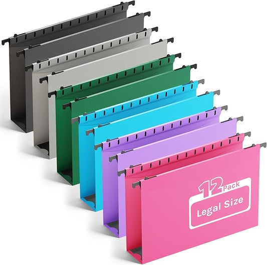 Extra Capacity Legal Size Plastic Hanging File Folders,12 Pack Reinforced Legal Hanging Folder with Heavy Duty 2 Inch Expansion,Filing Cabinet Folder,for Bulky Files, Medical Charts,Assorted Color