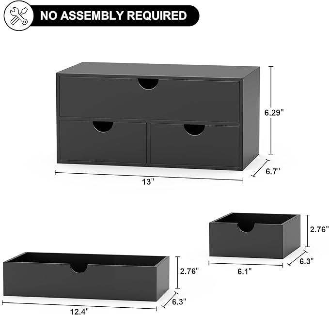 Bamboo Desk Organizer with Drawers Desktop Storage Drawers for Bills Office Supplies Kitchen Utensils Organizing Tool for Home Classroom Organization No Assembly (Black)