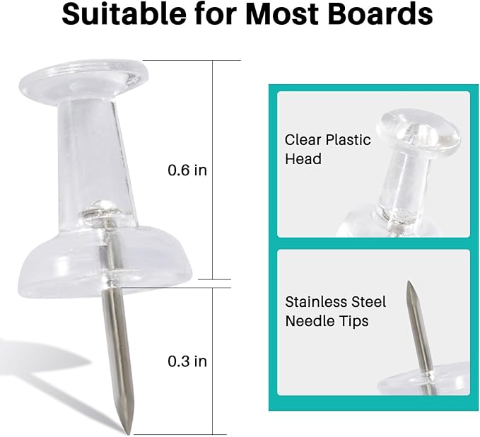 120Pcs Push Pins for Bulletin Board, Thumb Tacks for Cork Board, Clear Plastic Head, Steel Tip, Thumbtacks for Wall Poster Photo Maps Pictures Office Home Decor