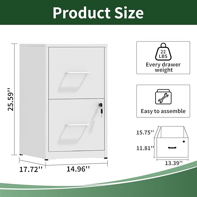 2 Drawer File Cabinet with Lock, Vertical File Cabinet with Lock, Locking File Cabinet Hanging Files for A4/ Legal/Letter,White