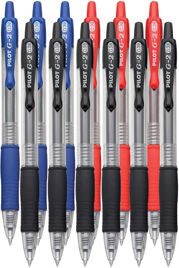 G2 Retractable Premium Gel Ink Roller Ball Pens Ultra Fine Point (.38mm) Black/Blue/Red Ink 12 pack; Refillable & Premium Comfort Grip Bundle with Plastic Reusable Pouch