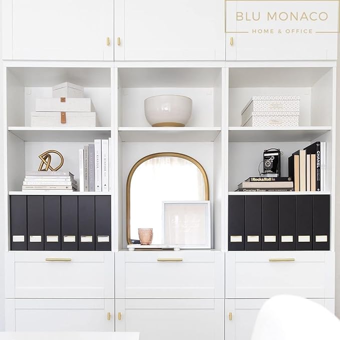 BLU MONACO Declutter in Style - Set of 6 Black Foldable Magazine File Holders with Gold Label Holders - Cardboard Magazine Storage Box & Desk Organizer for Workspace and Shelves
