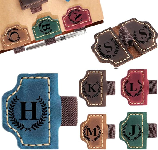 Custom Bookmark with Pen Holder with 26 Letters Personalized Magnetic Leather Book Mark, Customized Name Book Marker Clip with Initial for Men Women, Gifts for Book Lovers, Readers, (Blue, H)