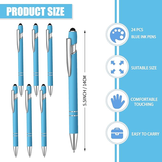 24 Pcs Blue Ink Ballpoint Pen with Stylus Tip 2 in 1 Ballpoint Pen 1.0 mm Blue Ink Metal Stylus Pen for Touch Screens Coworkers, Family, Colleagues, Office (light)