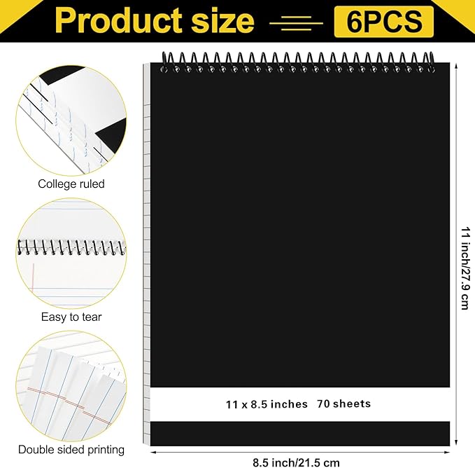 6 Pcs Legal Pad Top Spiral Bound Notebook 70 Sheets Wirebound Notepad Double Sided Ruled Memo Steno Book with Stiff Back Cover for Business(8.5 x 11 Inches,No Holes,White)